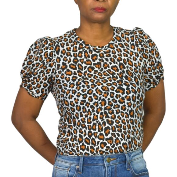 ALC Kati T Shirt Brown Animal Leopard Print Cotton Short Puff Sleeve Tee Top XS - Picture 1 of 14